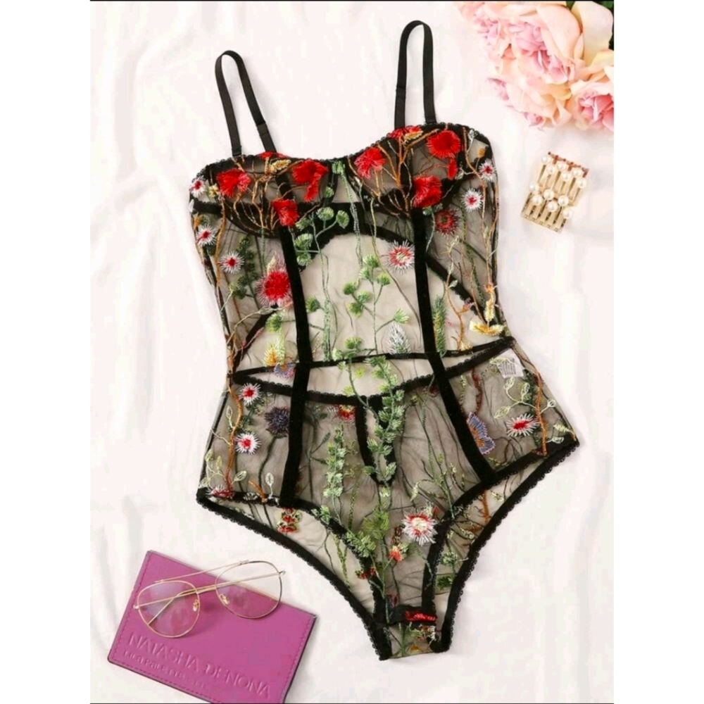 NWOT Floral embroidered sheer teddy bodysuit